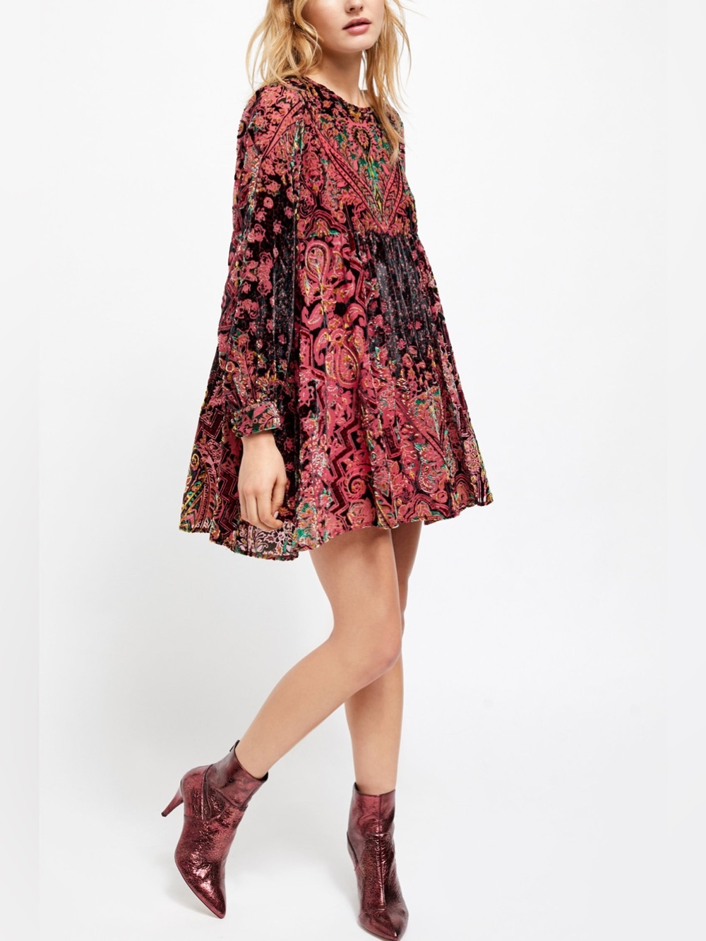 Free People Mirror Mirror Velvet Burnt Red Floral Tunic Dress - Picture 11 of 16